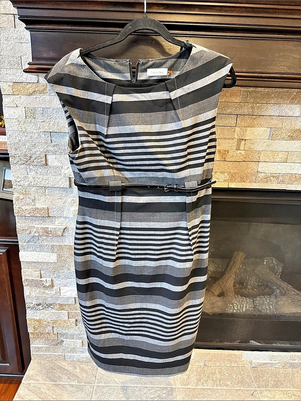 Calvin Klein Black and Gray Striped Belted Sheath Dress Midi Dress Size 10